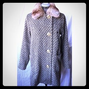 Herringbone Tweed Wool Coat, Faux Fur Collar